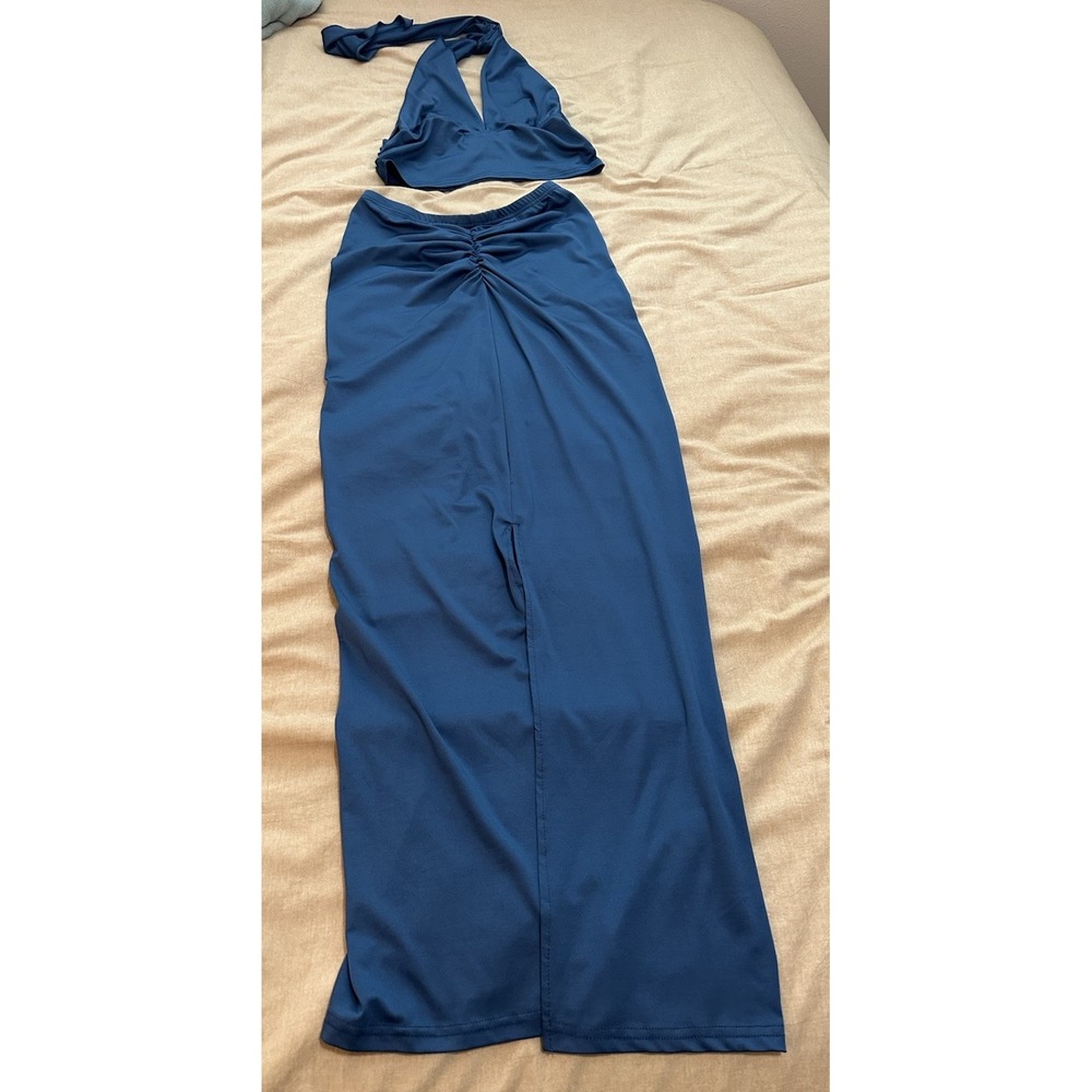 2-Piece Blue Knit Twist Tie Slit Maxi Skirt & Halter Sleeveless Top Set L - Picture 3 of 4